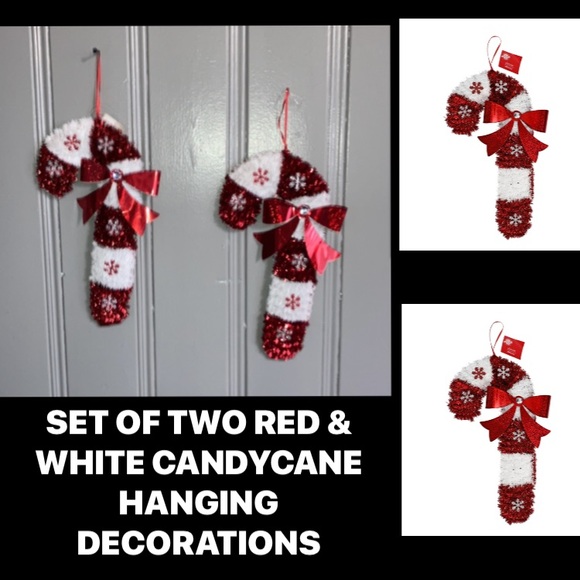 NWT Set of 2- Red & White Tinsel Candy Cane Bedazzled ❄️ Holiday Decorations - Picture 1 of 8